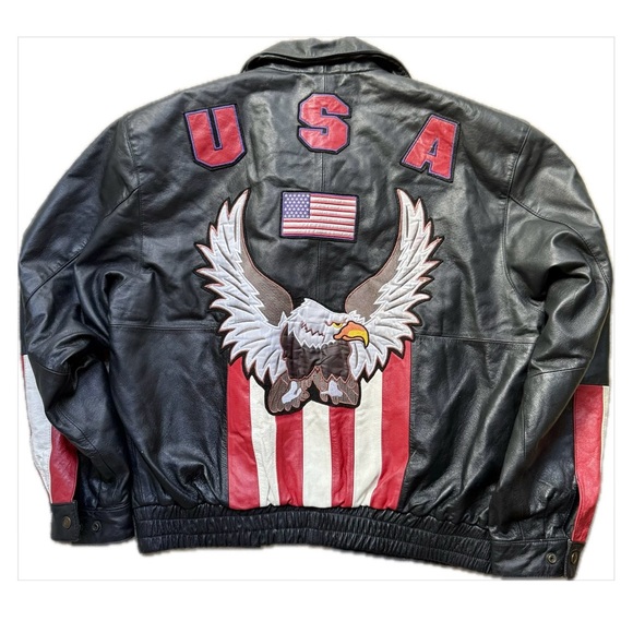 Diamond Plate Genuine Leather USA Eagle Jacket Black Biker Moto Boxy Work Style - Picture 5 of 11